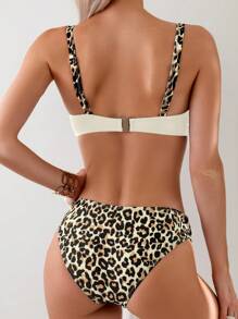 SHEIN Swim 女士豹纹比基尼套装，带模制罩杯，随机印花，非常适合夏季度假和海滩穿着，版权购买夏季海滩 - 米色 - 查看 2