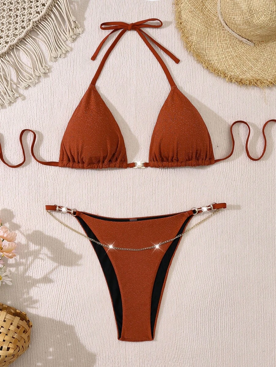 Swim Vcay 大碼女性亮面領頸胸罩和比基尼下著套裝啡色泳衣，夏季沙灘泳裝 - 棕色 - 查看 1