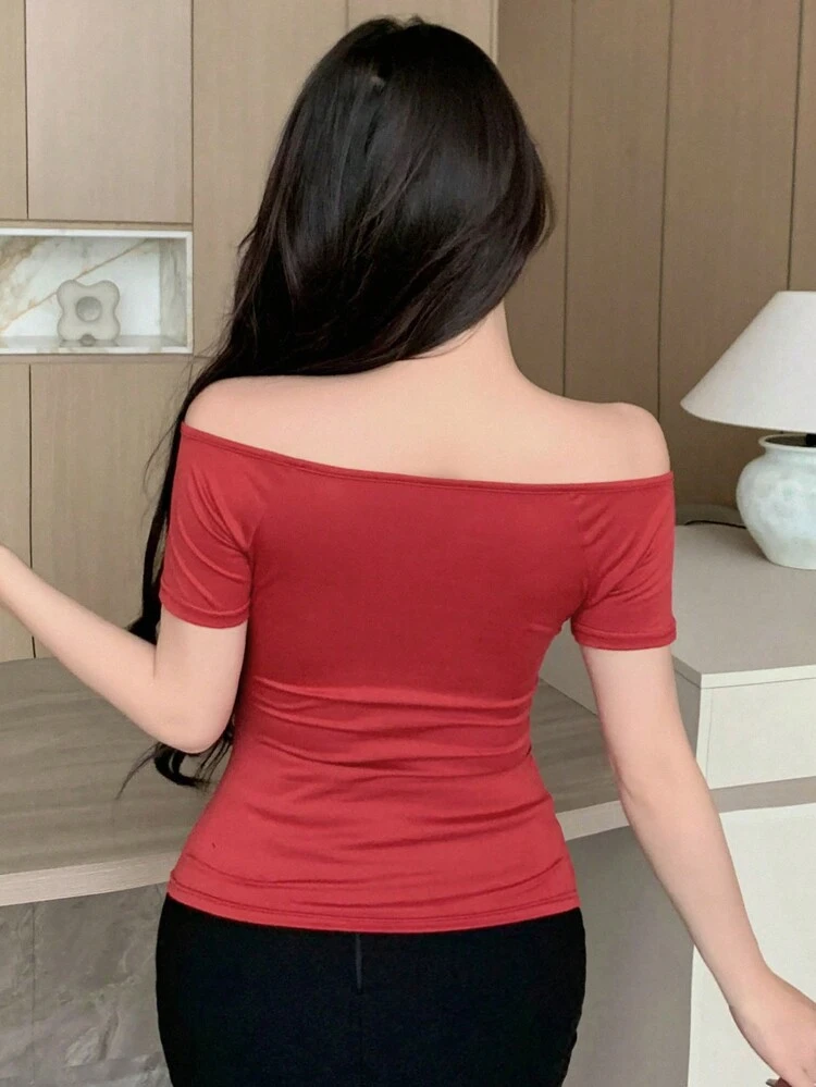 Women's Summer Solid Color Overlapping V-Neck Short Sleeve Slim Fit T-Shirt With Pleats Going Out Tops Women