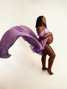 Vestido de gasa con cuello en V y abertura frontal con bajo fluido, perfecto para fotografía, para sesión de fotos