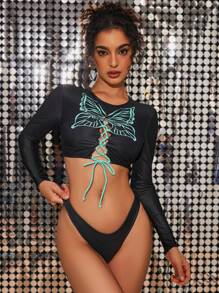 Swim EVENT 女士夏季海灘蝴蝶印花連帽前扣長袖上衣和三角比基尼底部性感比基尼套裝 - 黑色 - 查看 3