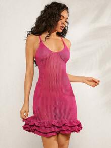 Layered Ruffle Hem Sheer Sexy Cami Knit Dress - Hot Pink - View 4
