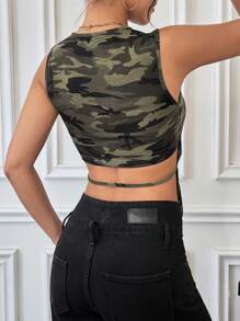 SHEIN Essnce 休閒女士迷彩印花無袖背心 - 軍綠色 - 查看 4