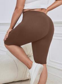 SHEIN Essnce Plus Size Women's Solid Color Simple Daily Leggings - Brown - View 2