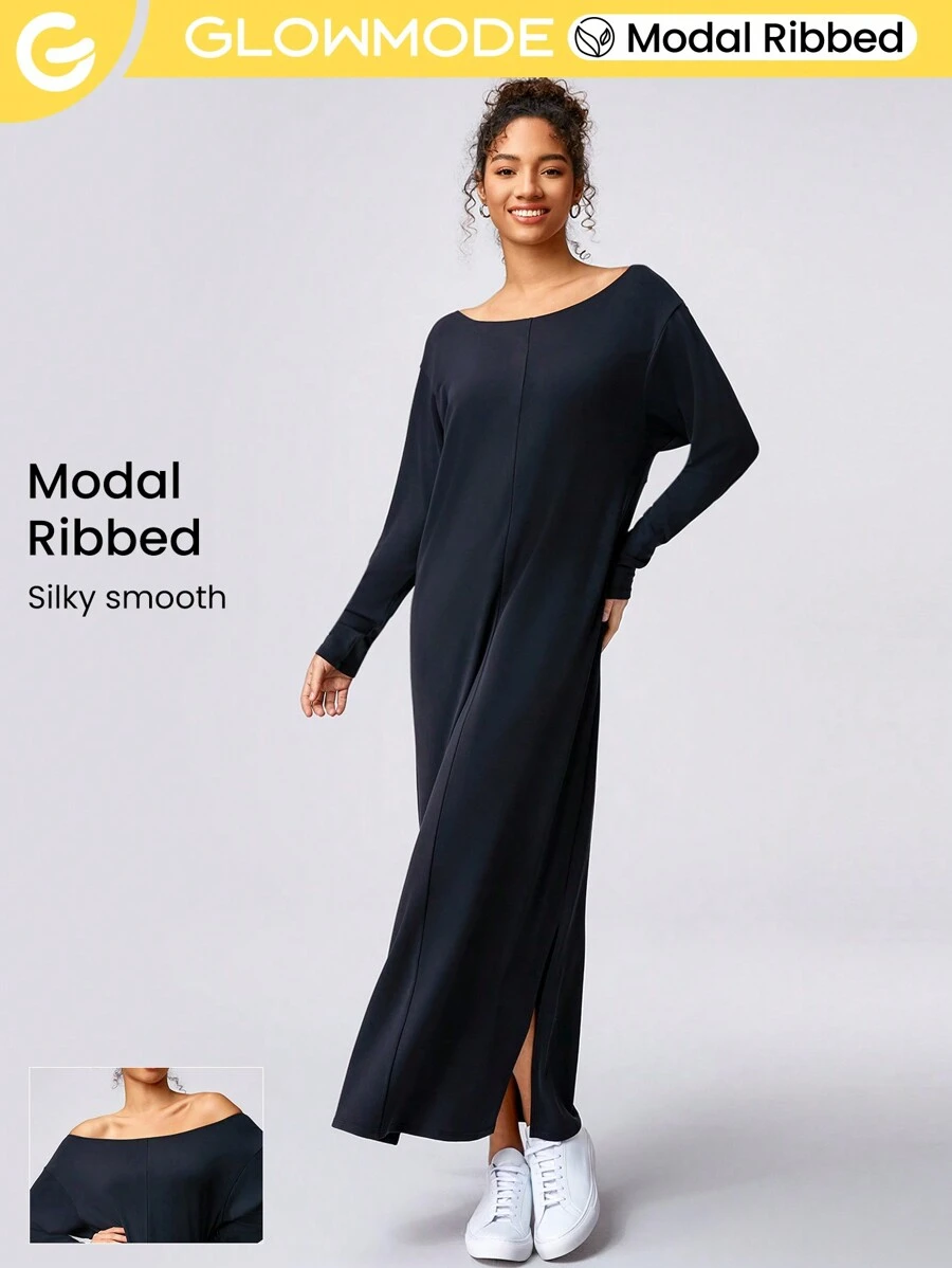 GLOWMODE Sọc Mượt Modal Bên Khe Đầm - màu đen - Xem 1