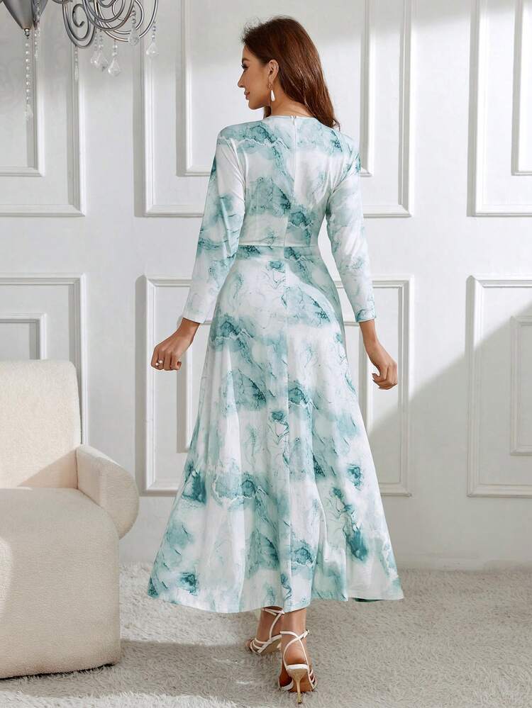 Women's Full Print Cross Wrap Ruched Dress Long Evening Dresses