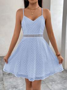 SHEIN Privé 女士婚禮嘉賓蕾絲中空腰身連衣裙，夏季 - 淺藍色 - 查看 3