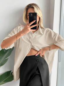 SHEIN Cottnline Women's Solid Color Drop Shoulder Long Sleeve Shirt - Beige - View 5