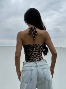 SHEIN EZwear Summer Casual Women's Y2K Leopard Print Halter Crop Top - Brown - View 2