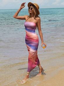 SHEIN VCAY Vestido de punto con estampado de malla, Body entallado y sin tirantes para mujer de vacaciones - Multicolor - Ver 6