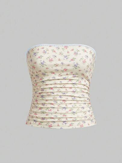 Kawaii Women's Summer Floral Pleated Strapless Top, School