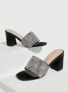 CUCCOO SZL Giày nữ Mule quyến rũ màu đen đính đá Rhinestone trang trí Giày cao gót đế thô cho mùa hè Giày cao gót tốt nghiệp Giày cao gót dự tiệc Giày đi nghỉ Giảm giá mùa hè Giáng sinh Mùa thu Năm mới Ngày lễ - màu đen - Xem 1