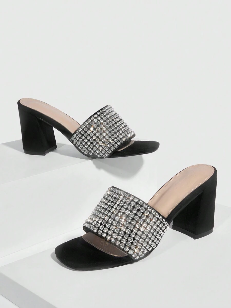 CUCCOO SZL Giày nữ Mule quyến rũ màu đen đính đá Rhinestone trang trí Giày cao gót đế thô cho mùa hè Giày cao gót tốt nghiệp Giày cao gót dự tiệc Giày đi nghỉ Giảm giá mùa hè Giáng sinh Mùa thu Năm mới Ngày lễ - màu đen - Xem 1