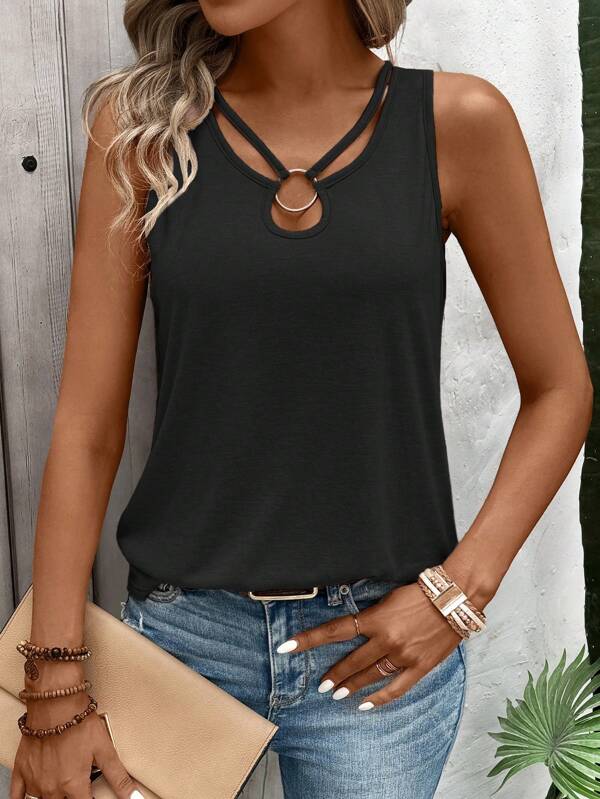 EMERY ROSE Ladies' Solid Color Keyhole Neck With Round Ring Decoration Hollow Out Casual Summer Tank Top