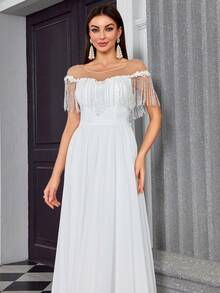 Mgiacy Round Neck Sheer Patchwork Lace Fringe Chiffon Flared Hem Long Dress With Trail - White - View 3