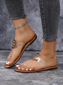 Women's Transparent Flat Slip-On Sandals, Flip-Flops With Round Disc Buckle, Open Toe Anti-Skid Slipper For Indoor And Outdoor Use - Clear - View 2