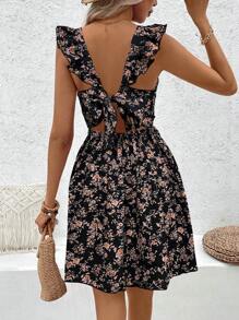 Breezaya 女士夏季度假吊带碎花露背结饰小荷叶袖连衣裙度假海滩装 - 黑色 - 查看 2