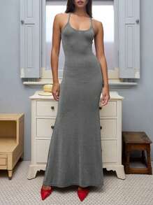 INAWLY Women's Solid Color Bodycon Cami Dress, Summer - Grey - View 1