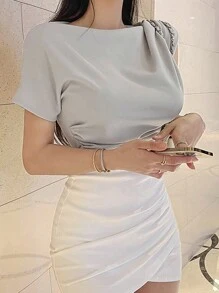 DAZY 女性夏季實色休閒不對稱領褶皺T卹 - 灰色 - 查看 7