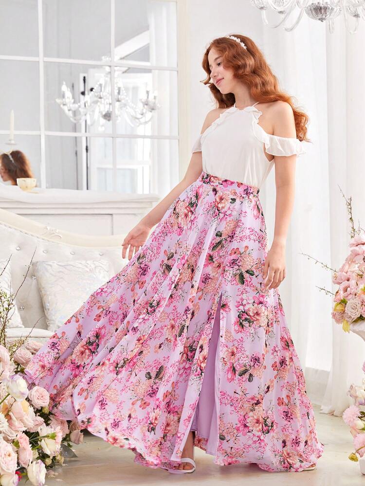 DRMZ Teen Girl Teen Girls' Woven Chiffon Ruffle Halter Top And Floral Pattern Slit Skirt Set