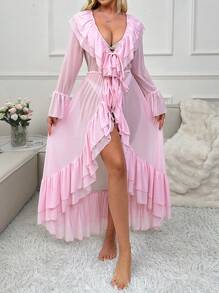 Women's Fashionable Double-Layered Frill Trimmed Robe With Cinched Waist, Extra Long