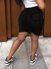Sexy Stretchy Distressed Denim Pencil Skirt, Women's Casual Button Frayed Pocket Beach Denim Skirt, Summer Music Festival Denim Style - Black - View 2