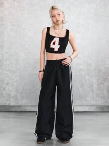 SHEIN EZwear 網狀數字拼接結構背心和側邊條紋褲子 - 黑色 - 查看 4