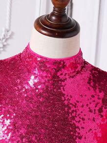 Tween Girl Mesh Puffed Sleeve Sequin Flared Dress - Hot Pink - View 4