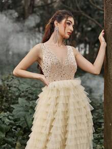 Faeriesty 亮片修身胸衣搭配對比色網紗疊層與荷葉邊裙擺，女士正式舞會禮服 - 杏色 - 查看 8