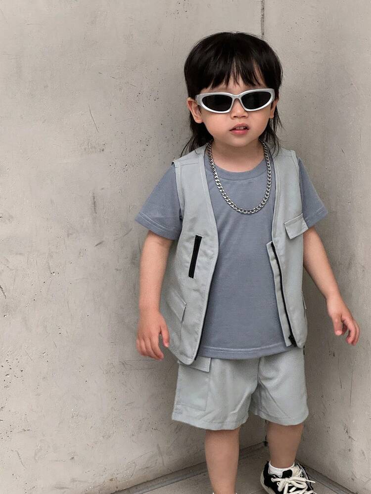 3pcs/Set Baby Boys Street Cool Zipper Pocket Vest + Short Sleeve T-Shirt + Zipper Pocket Shorts Outfit, Casual Spring/Summer
