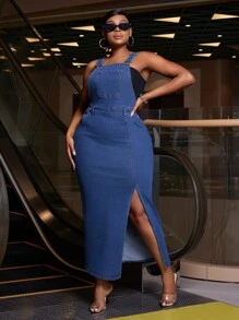 SHEIN SXY Plus Size Denim Stretch Split Sexy Suspenders Dress - Blue - View 5