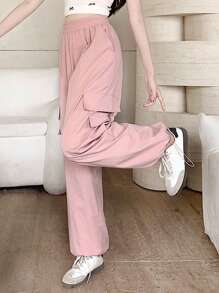 DAZY Women Solid Color Loose Straight-Leg Pants With Pockets For Casual Wear