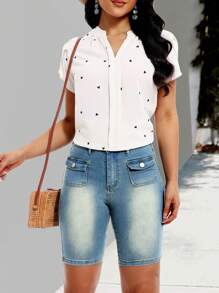 SHEIN LUNE Women's Plain Simple Denim Vintage Style Mid Length Shorts For Daily Wear