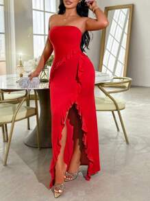 SHEIN SXY Brazilian Valentine's Day Summer Sexy Solid Color Asymmetrical Ruffle Hem High Slit Bodycon Maxi Graduation Prom Dress - Red - View 4