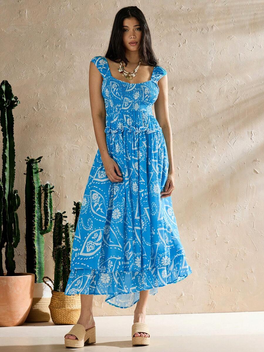 Forever 21 Nouvelle robe de style estival longue et romantique à bretelles nouées avec imprimé, ourlet volanté pour les vacances - Bleu azur - Voir 1