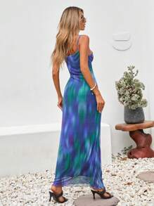 EURMUSE Navy Blue Mesh Printed Long Dress - Navy Blue - View 2