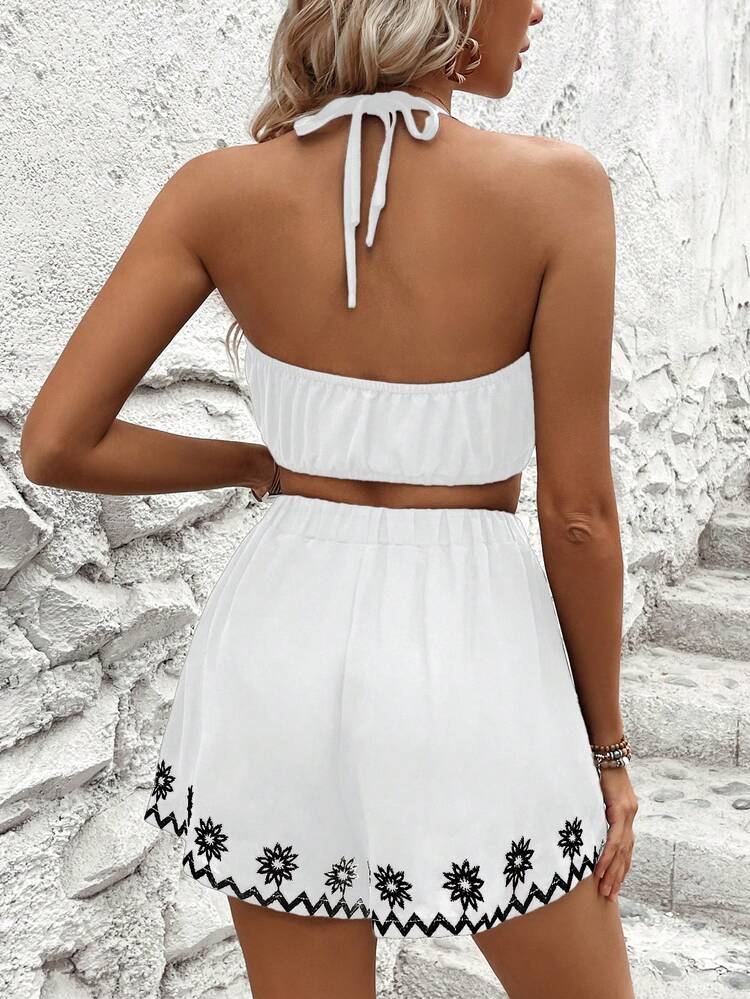 Women's Embroidered Halter Top And Shorts Set, Summer 2pcs