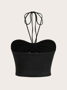SHEIN VCAY Vacation Solid Knitted Slim Crop Top With Halter Neck And 3D Flower Decoration For Women - Black - View 8