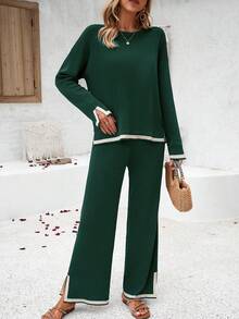 GAOVOT Women's Sweater Two Pieces Simple Loose Casual Color Contrast Round Neck Long Sleeve Sweater And Loose Wide Leg Straight Pant Suit - Green - View 4