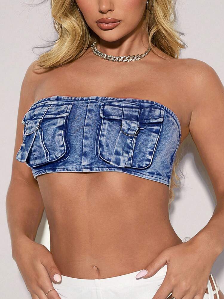 Strapless Denim Effect Washed Y2K Summer  Workwear Pocket Top