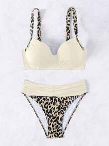 SHEIN Swim 女士豹纹比基尼套装，带模制罩杯，随机印花，非常适合夏季度假和海滩穿着，版权购买夏季海滩 - 米色 - 查看 5