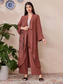 Mulvari 女性時尚優雅印花休閒日常兩件套裝 - 珊瑚粉 - 查看 5