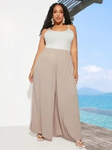 SHEIN CURVE+ Plus Size Women's Elastic Waist Wide Leg Vacation Pants - Baby Pink - View 1