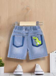 SHEIN Baby Boys Elastic Waist Distressed Solid Color Denim Shorts For Summer - Light Wash - View 2