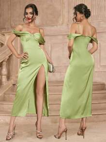 SHEIN Belle Váy phù dâu lệch vai màu xanh lá cây xẻ cao - màu xanh lá - Xem 1