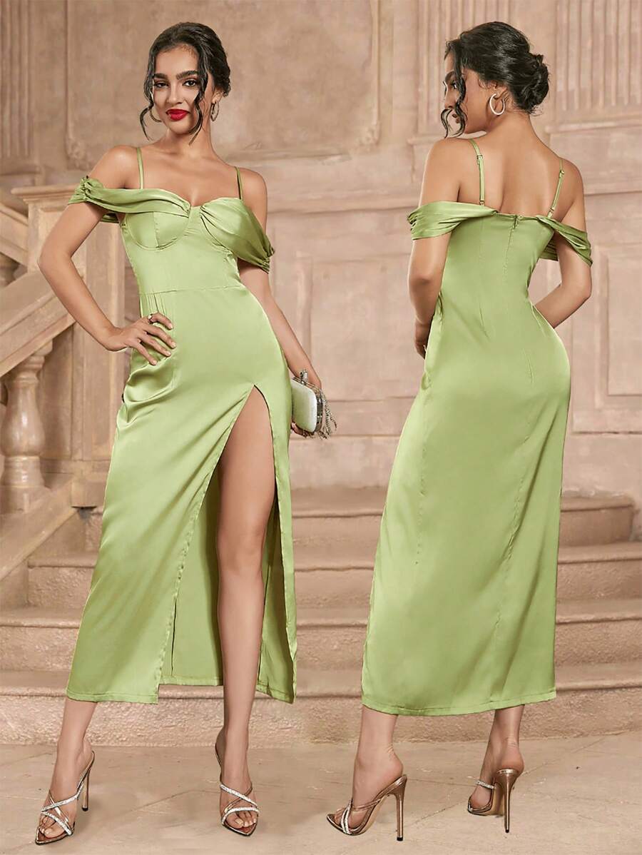 SHEIN Belle Váy phù dâu lệch vai màu xanh lá cây xẻ cao - màu xanh lá - Xem 1