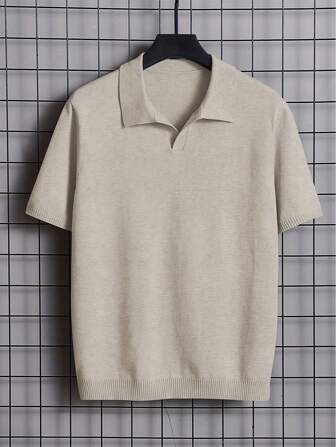 Men's Solid Color Turndown Collar Casual Short Sleeve Knit Top