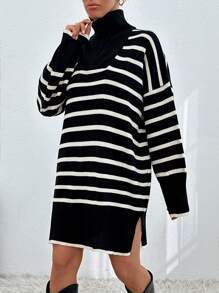 EURMUSE Women Stiped Knit Design Knit Dress With Zipper Detail - Black and White - View 6