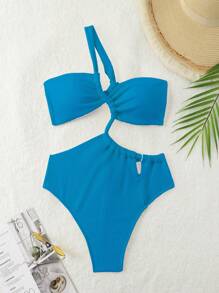 SHEIN Swim Women's Solid Color Asymmetrical Neckline Hollow Out Backless Sexy One-Piece Swimsuit For Summer Beach - Blue - View 7