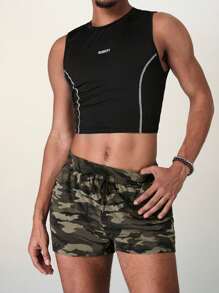 FeverCity Conjunto de camiseta sin mangas y pantalones cortos de camuflaje de ajuste delgado de color de contraste para hombres en verano - Multicolor - Ver 1